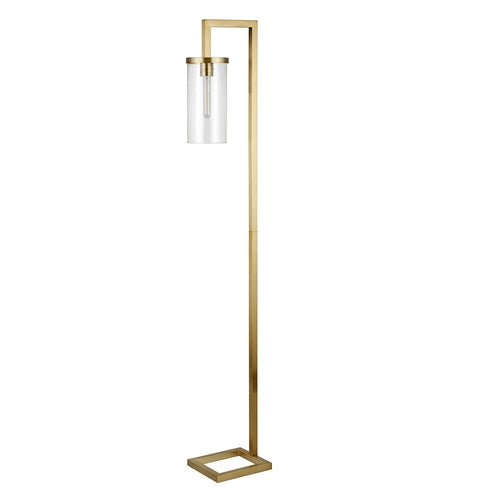 Brass Reading Floor Lamp With Clear Seeded Glass Drum Shade