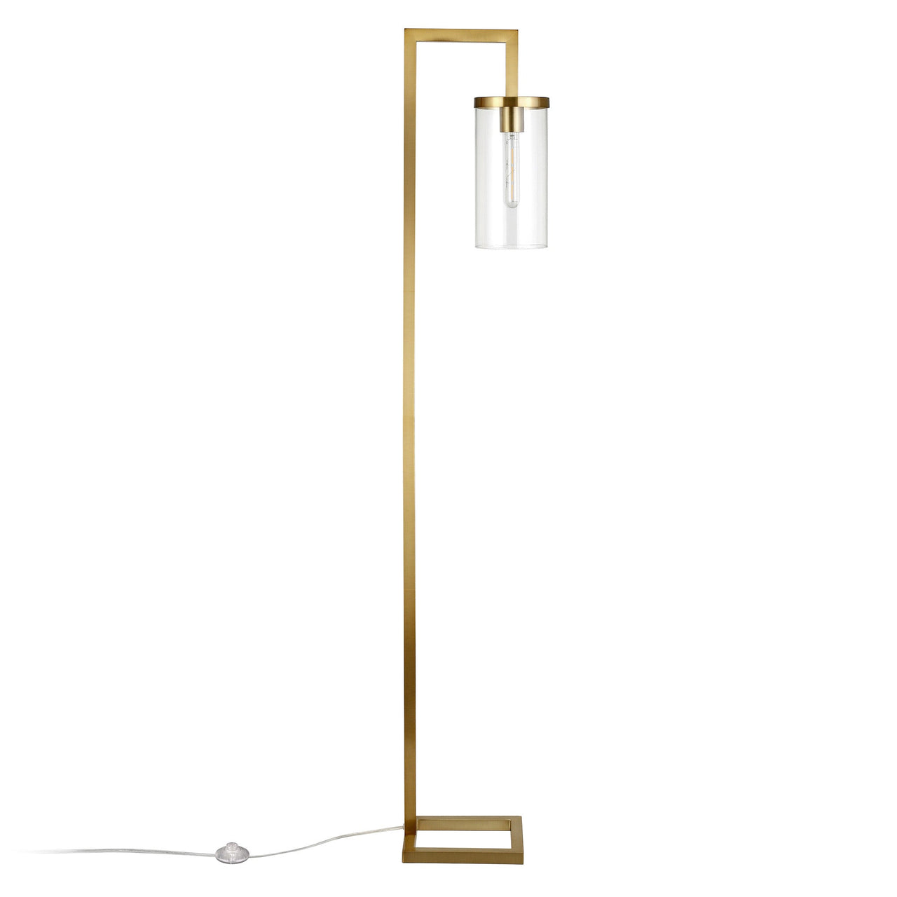 Brass Reading Floor Lamp With Clear Transparent Glass Drum Shade