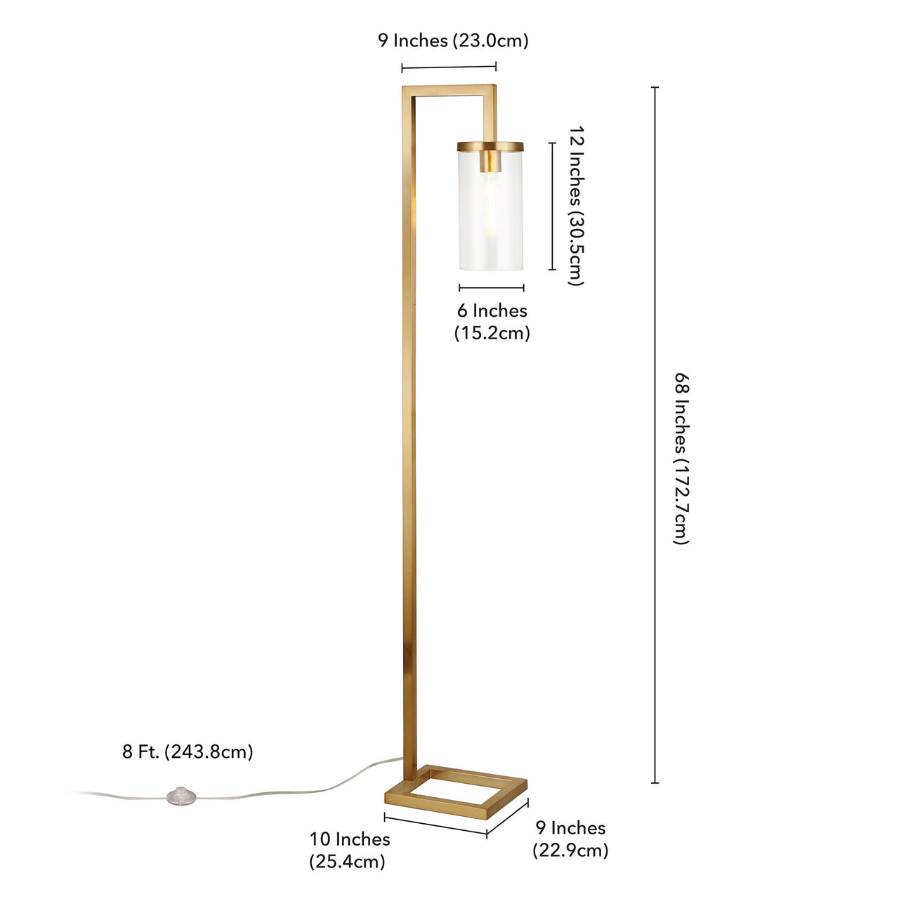 Brass Reading Floor Lamp With Clear Transparent Glass Drum Shade