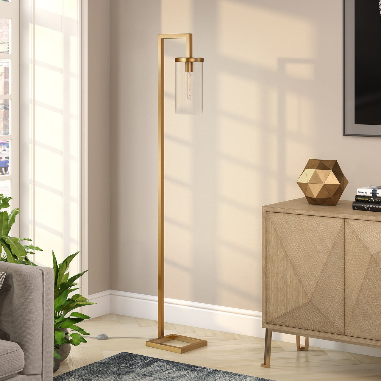 Brass Reading Floor Lamp With Clear Transparent Glass Drum Shade