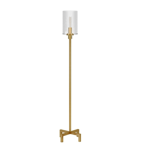 Brass Torchiere Floor Lamp With Clear Glass Drum Shade