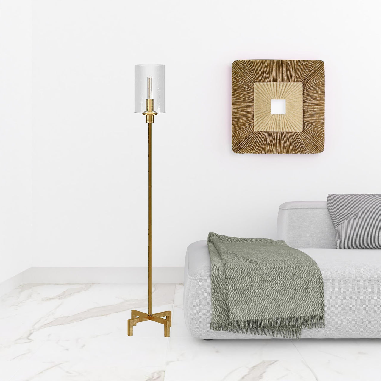 Brass Torchiere Floor Lamp With Clear Glass Drum Shade