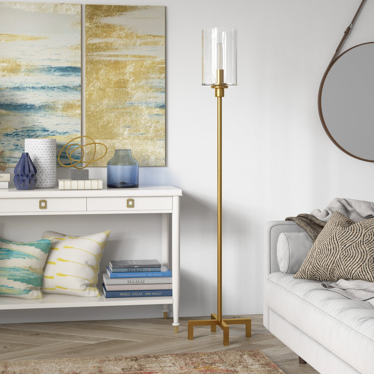 Brass Torchiere Floor Lamp With Clear Glass Drum Shade