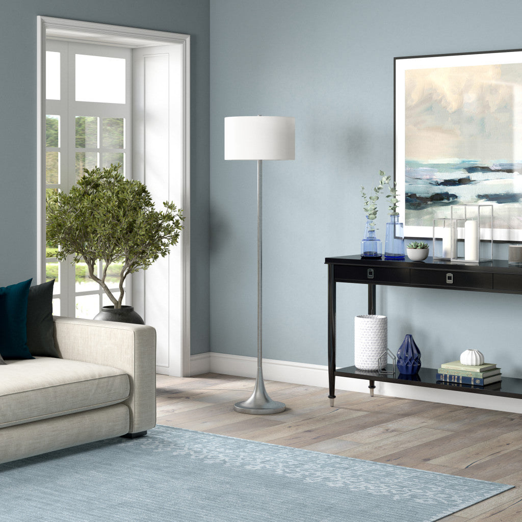 Nickel Floor Lamp With White Fabric Drum Shade