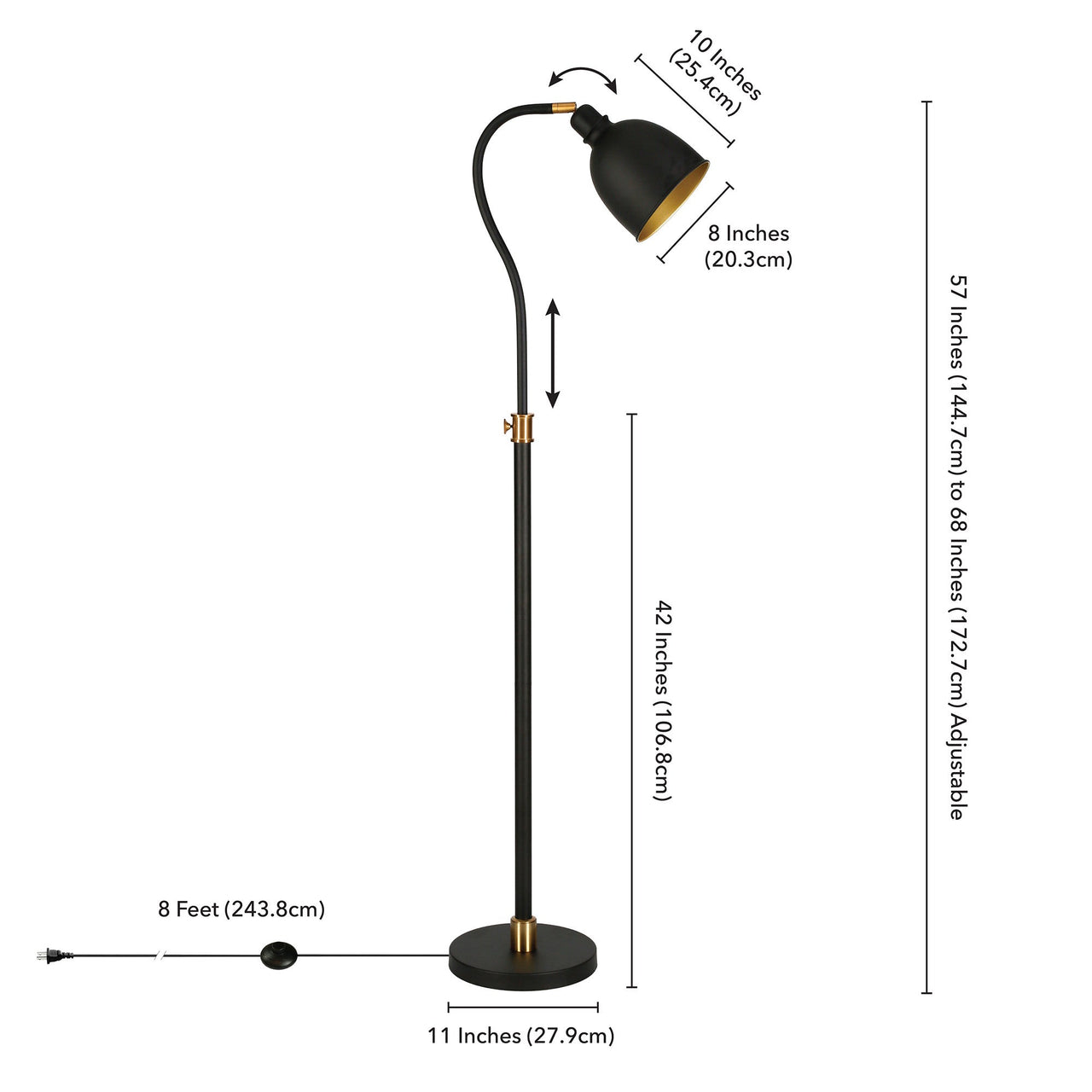 Black Adjustable Arched Floor Lamp With Black Dome Shade