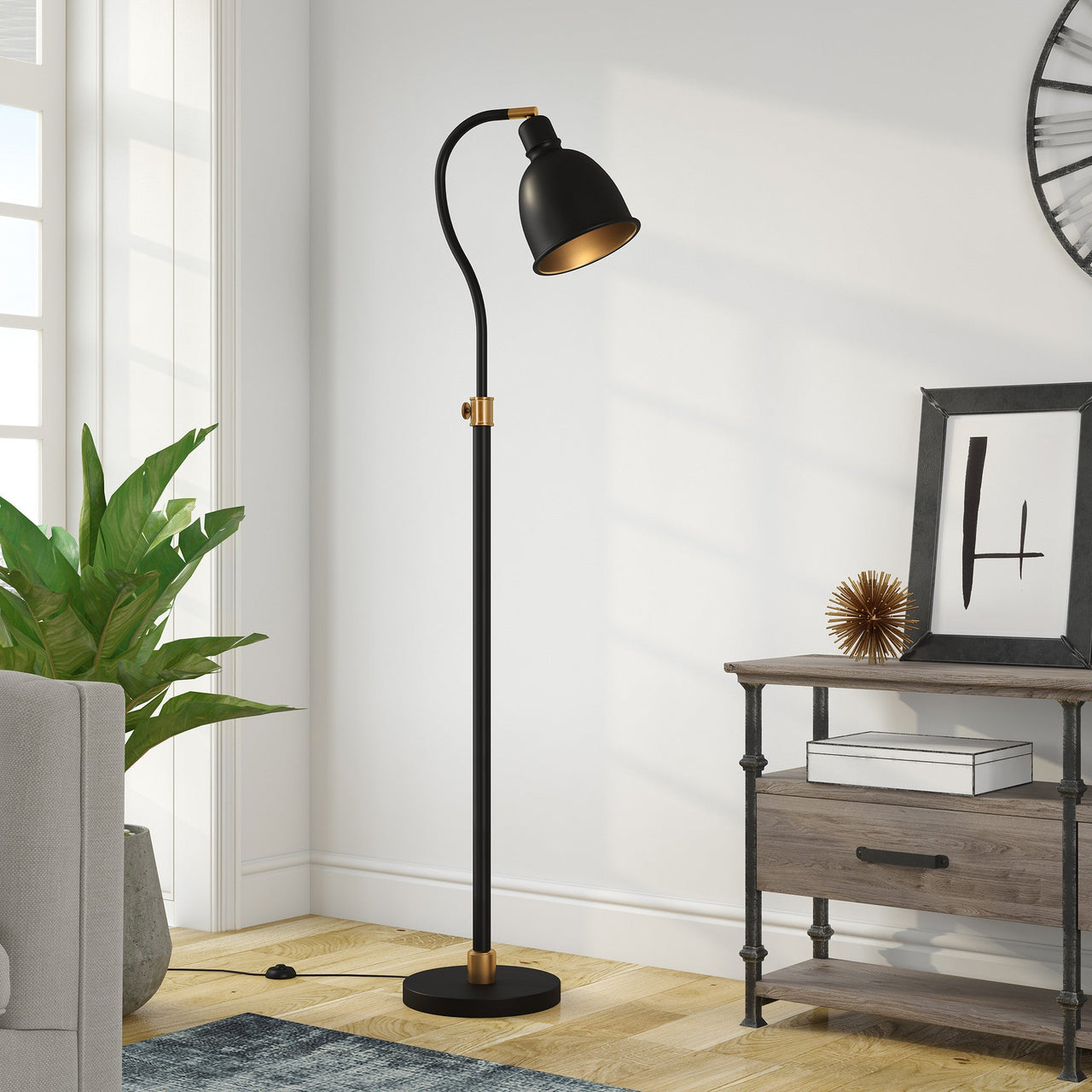 Black Adjustable Arched Floor Lamp With Black Dome Shade