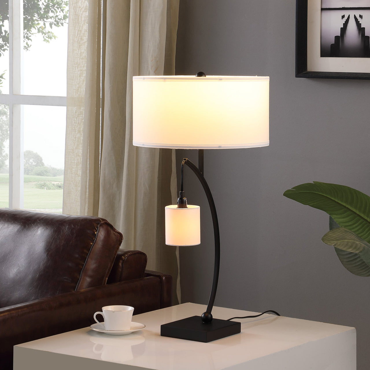 Black Metal Two Light Arched Table Lamp With White Drum Shade