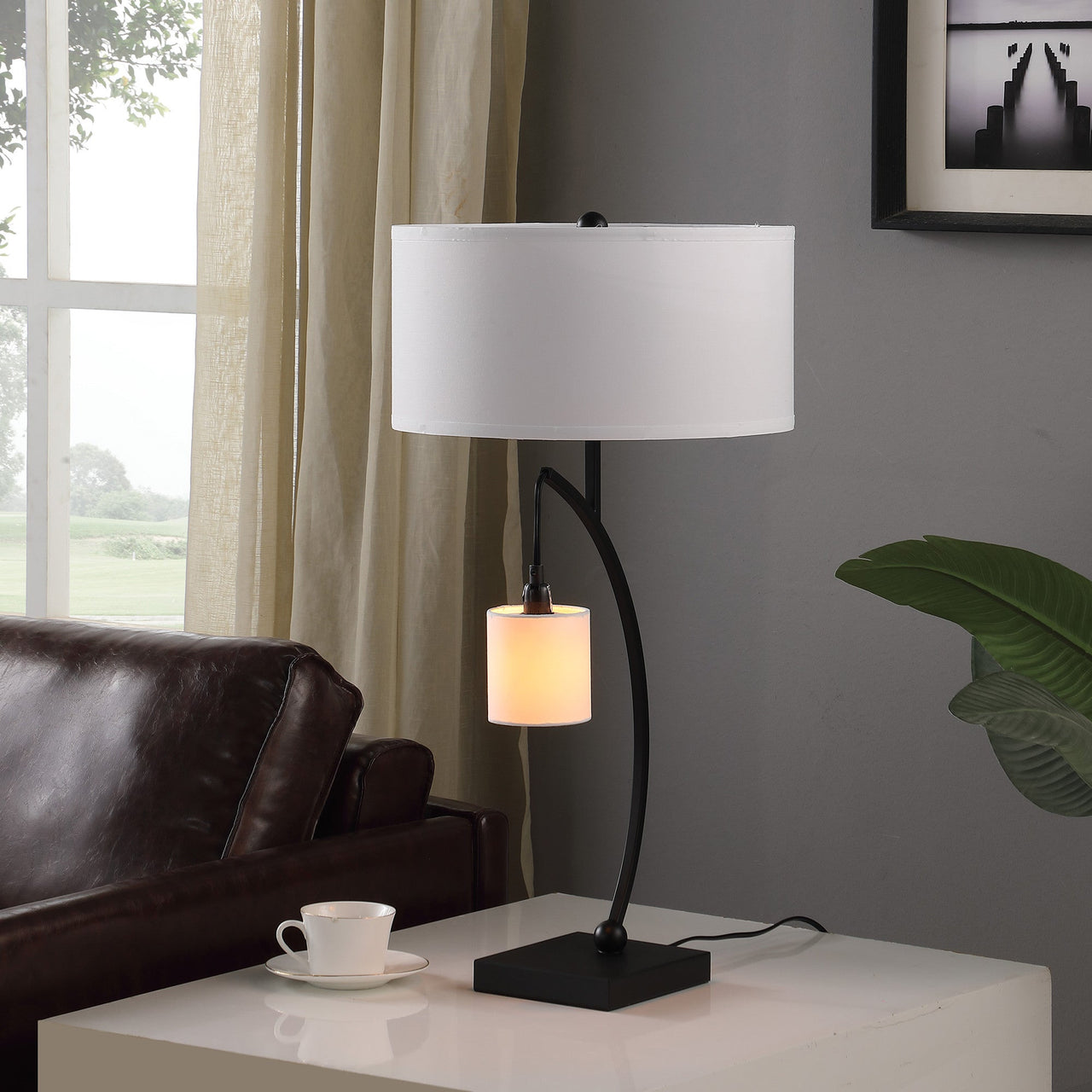 Black Metal Two Light Arched Table Lamp With White Drum Shade