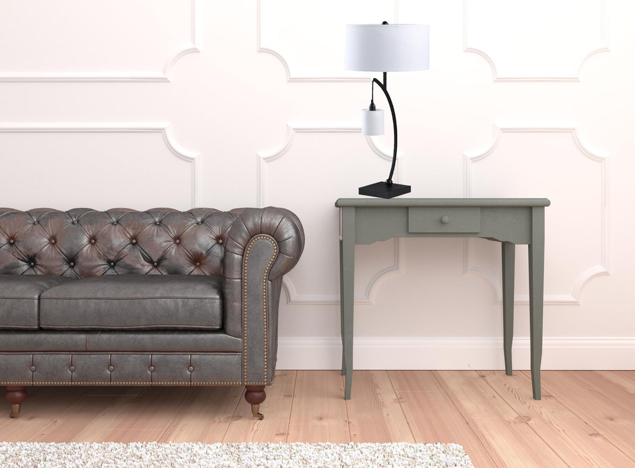 Black Metal Two Light Arched Table Lamp With White Drum Shade