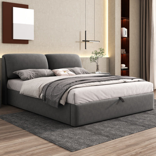 Upholstered King Size Hydraulic Bed with Three Drawers, Bed Box For Storage & Slatted Frame With Headboard, Without Mattress