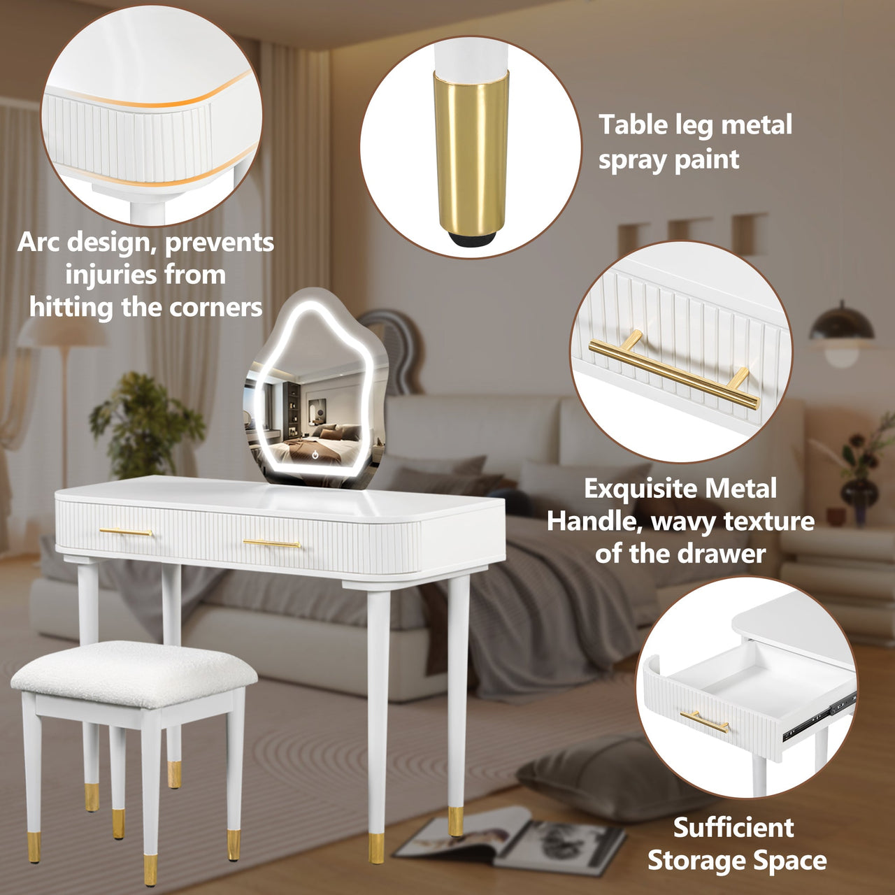 40" Modern Vanity Table Set with Mirror Touch Screen Lighted Mirror