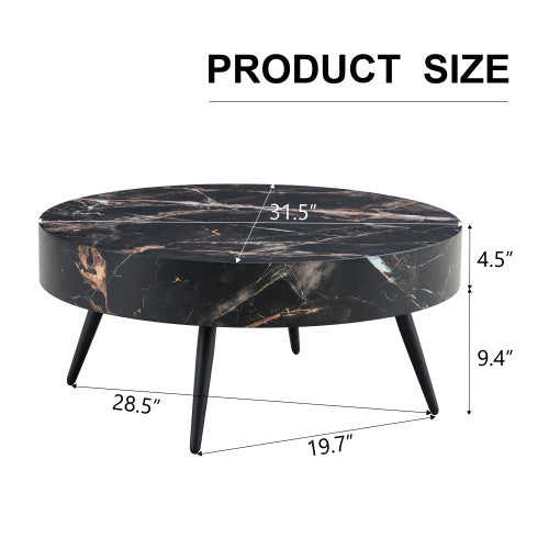 Black Marble-Patterned MDF Round Coffee Table With Black Metal Legs