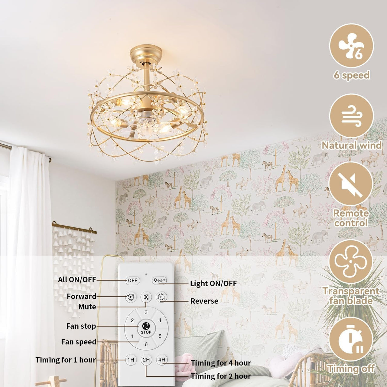 Gold Caged Ceiling Fan with Light