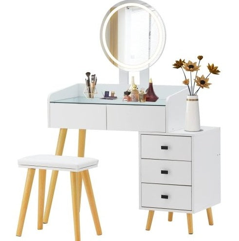 Dressing Table With LED Lights & Extendable Side Table, Stool