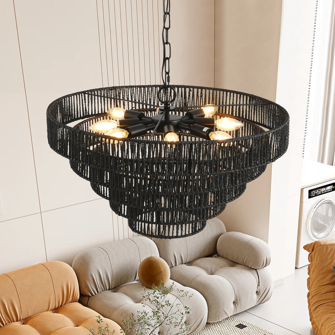 Rustic 5-Tier Black Hemp Rope Chandelier with 8 E12 Sockets