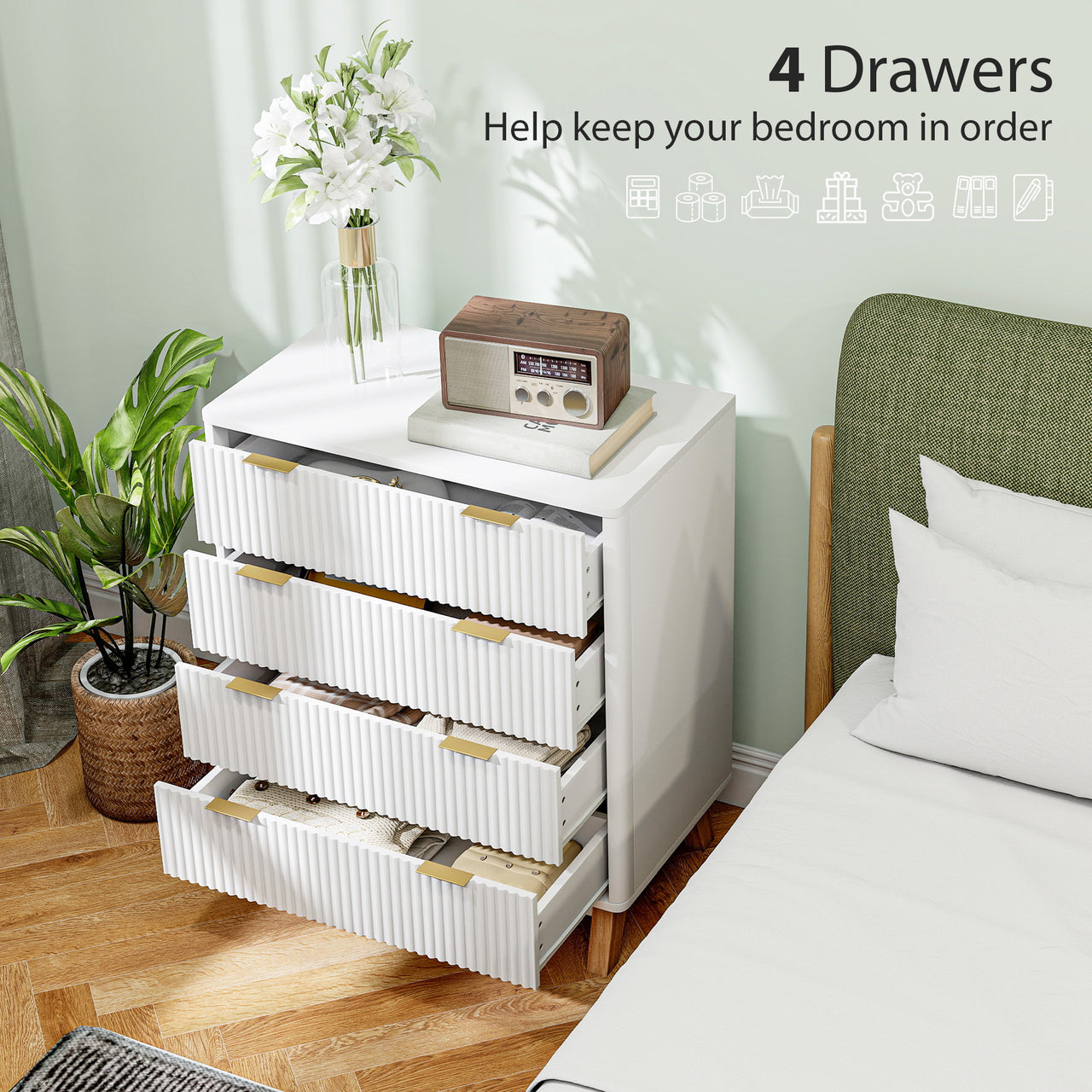 4 Drawer Fluted Chest Of Drawers With Gold Finger Pulls And 4 Wood Legs