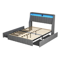Thumbnail for Queen Size Bed Frame With LED, 4 Under-bed Portable Storage Drawers & Wings Headboard Design