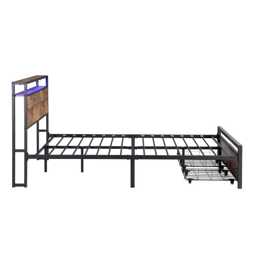 Queen Size Bed Frame With Storage Headboard And 2 Drawers & LED Lights Bed With Charging Station