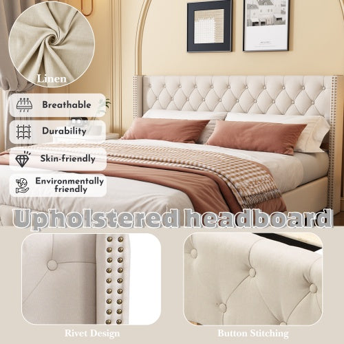 Upholstered King Size Bed With Slatted Frame And Headboard