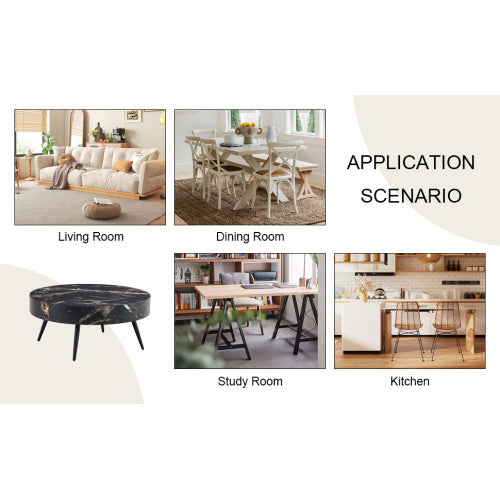 Black Marble-Patterned MDF Round Coffee Table With Black Metal Legs
