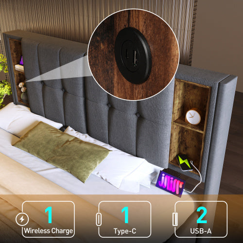 Upholstered Double Bed With Wireless Charging