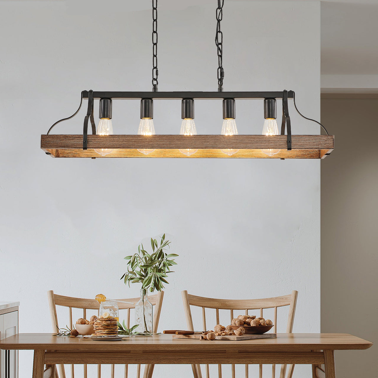 Black and Faux Wood Grain Pendant Light