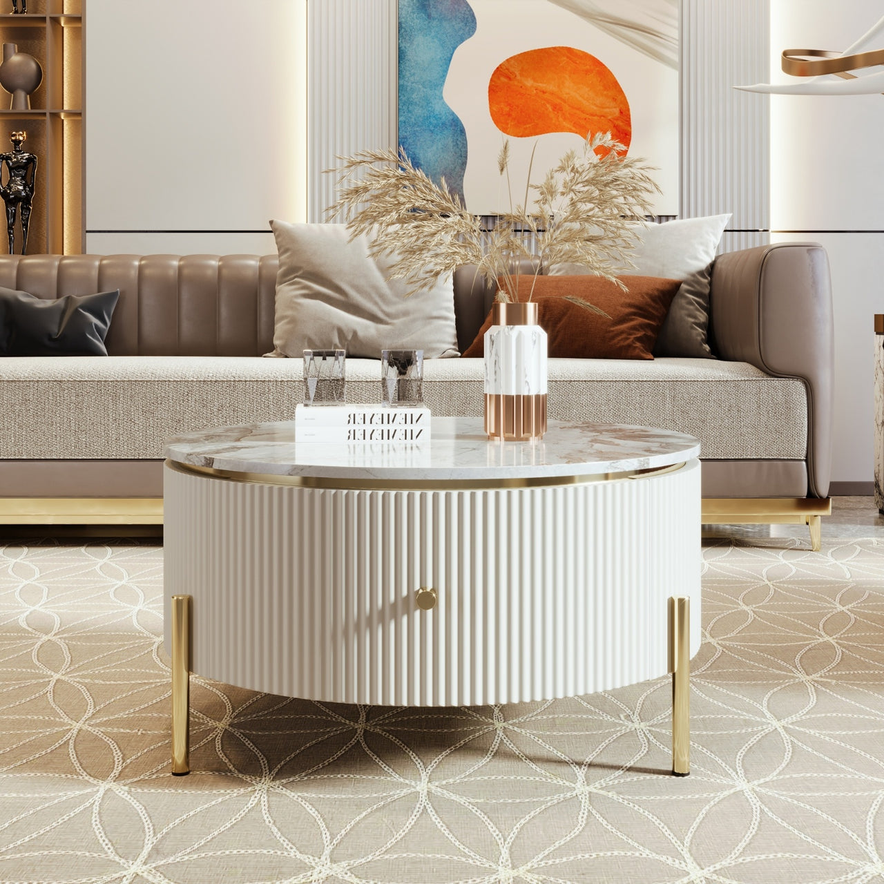 Modern Round Coffee Table With 2 Large Drawers Storage Accent Table