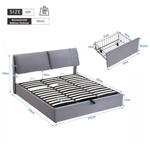 Upholstered King Size Hydraulic Bed with Three Drawers, Bed Box For Storage & Slatted Frame With Headboard, Without Mattress