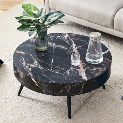 Black Marble-Patterned MDF Round Coffee Table With Black Metal Legs