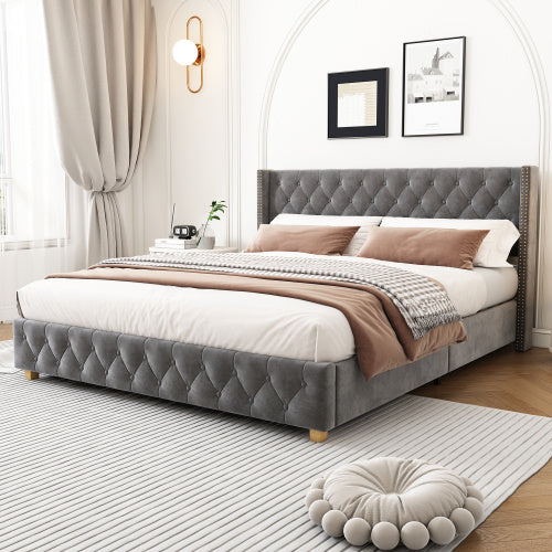 Upholstered King Size Bed With Slatted Frame And Headboard