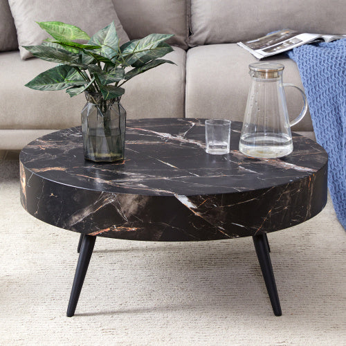 Black Marble-Patterned MDF Round Coffee Table With Black Metal Legs