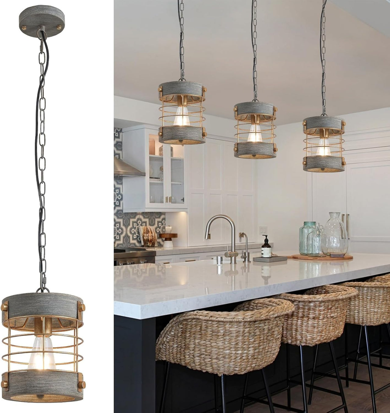 Adjustable Metal and Wood Pendant Light