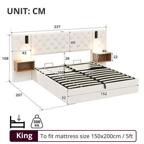 King Upholstered Velvet Hydraulic Storage Bed With Reading Light
