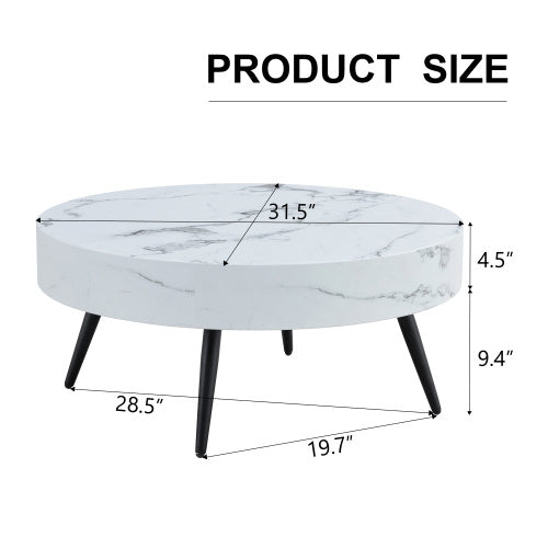 White Marble-Patterned MDF Round Coffee Table With Black Metal Legs