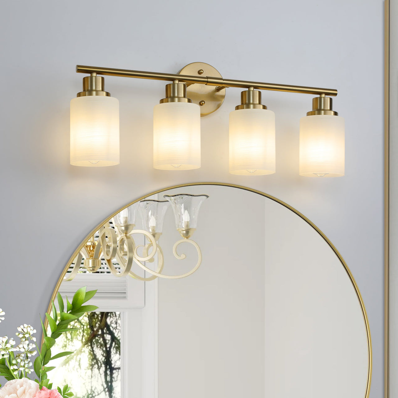 4-Light Golden Bathroom Vanity Light Fixture with Frosted Glass Shades