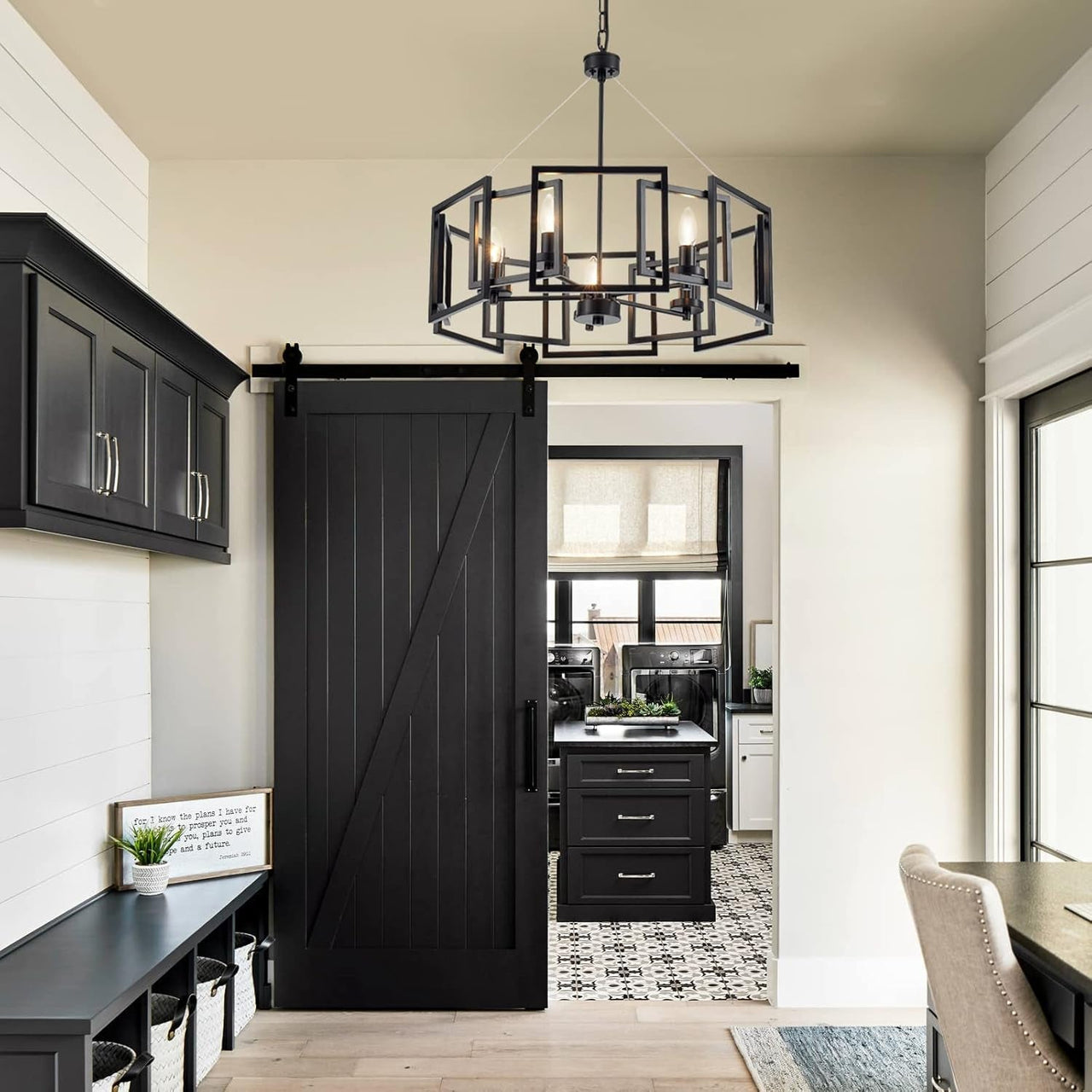 Geometric Industrial Style Chandelier With Matt Black Shade