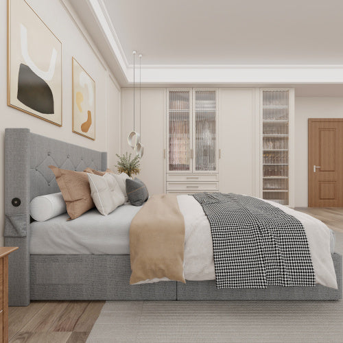 Queen Size Bed Frame With Lift Up Storage Bed & Modern Wingback Headboard