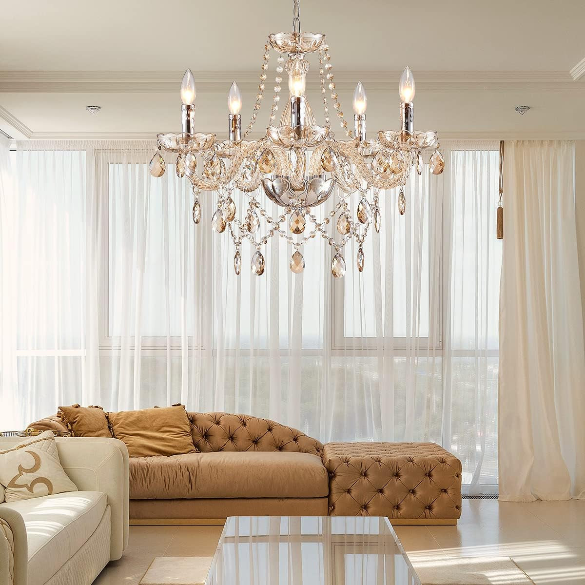 Champagne Crystal Chandelier 5 Light Modern