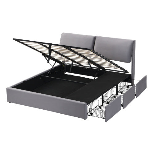 Upholstered King Size Hydraulic Bed with Three Drawers, Bed Box For Storage & Slatted Frame With Headboard, Without Mattress