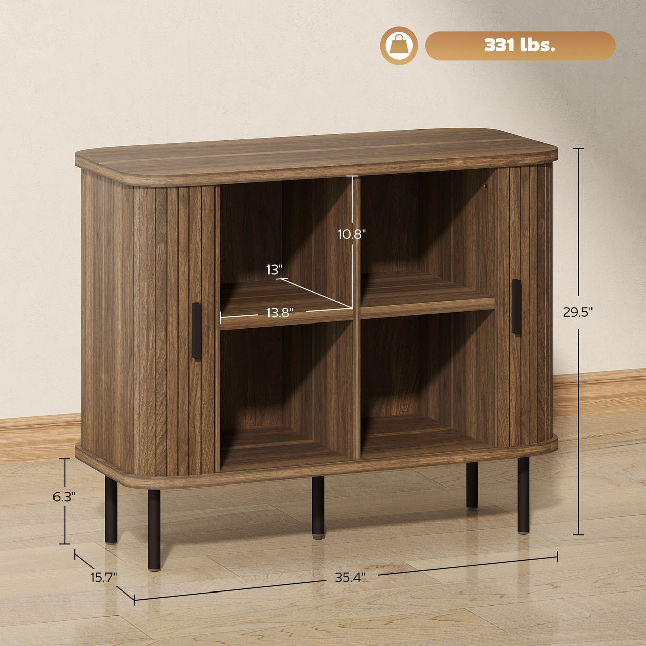 35.4 Sideboard Buffet Cabinet With Storage With Slatted Tambour Doors And Metal Legs