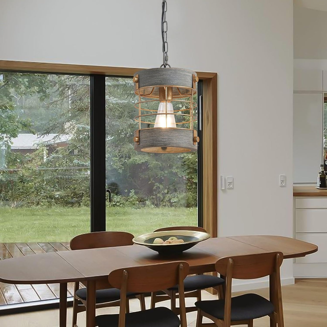 Adjustable Metal and Wood Pendant Light