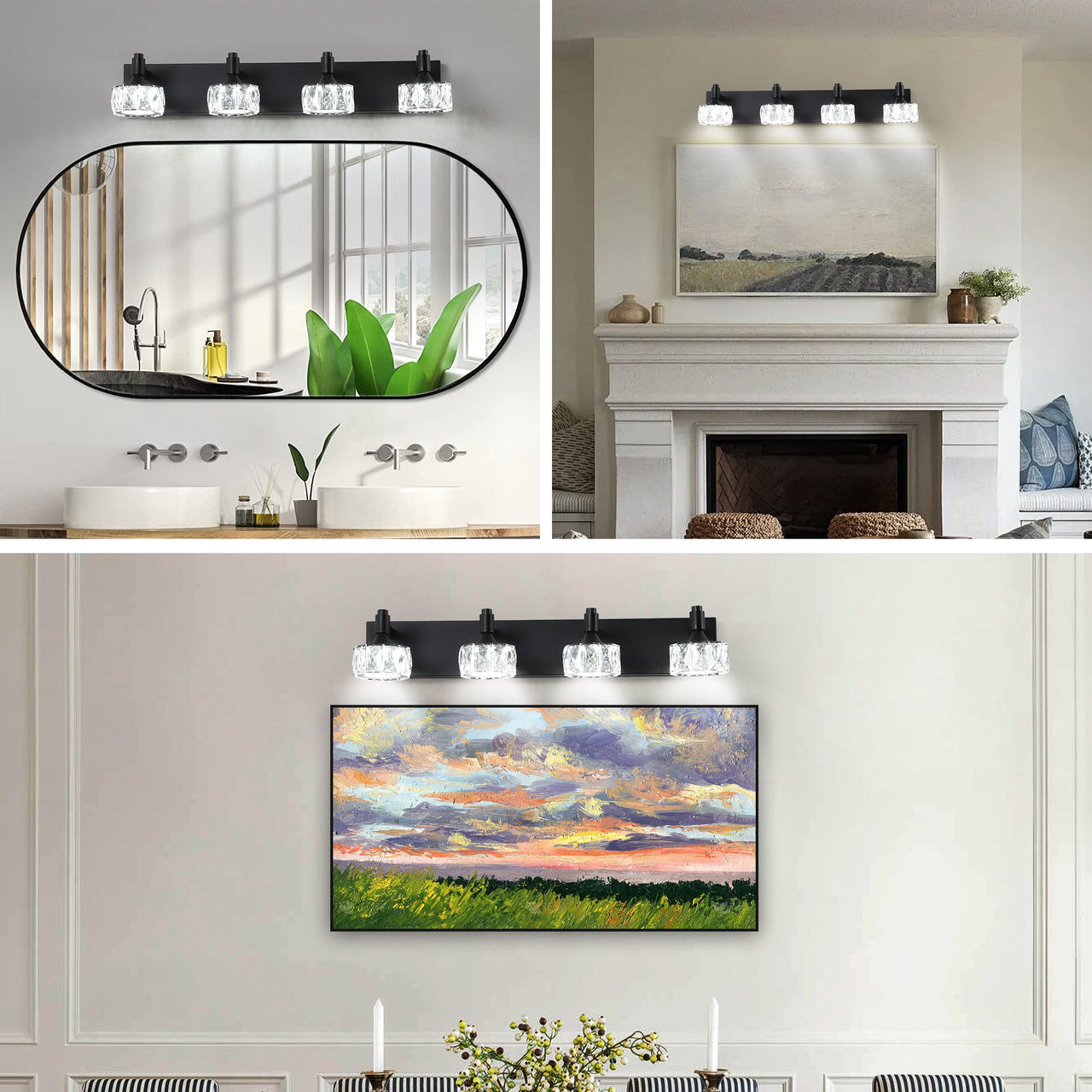 Modern 4-Light Matte Black LED Vanity Light Fixture with Crystal Glass