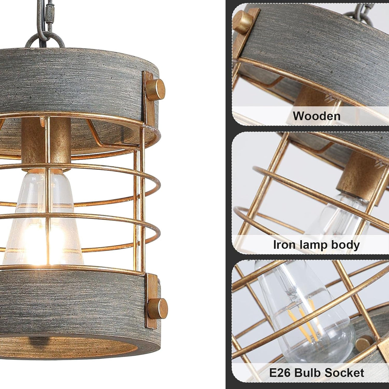 Adjustable Metal and Wood Pendant Light