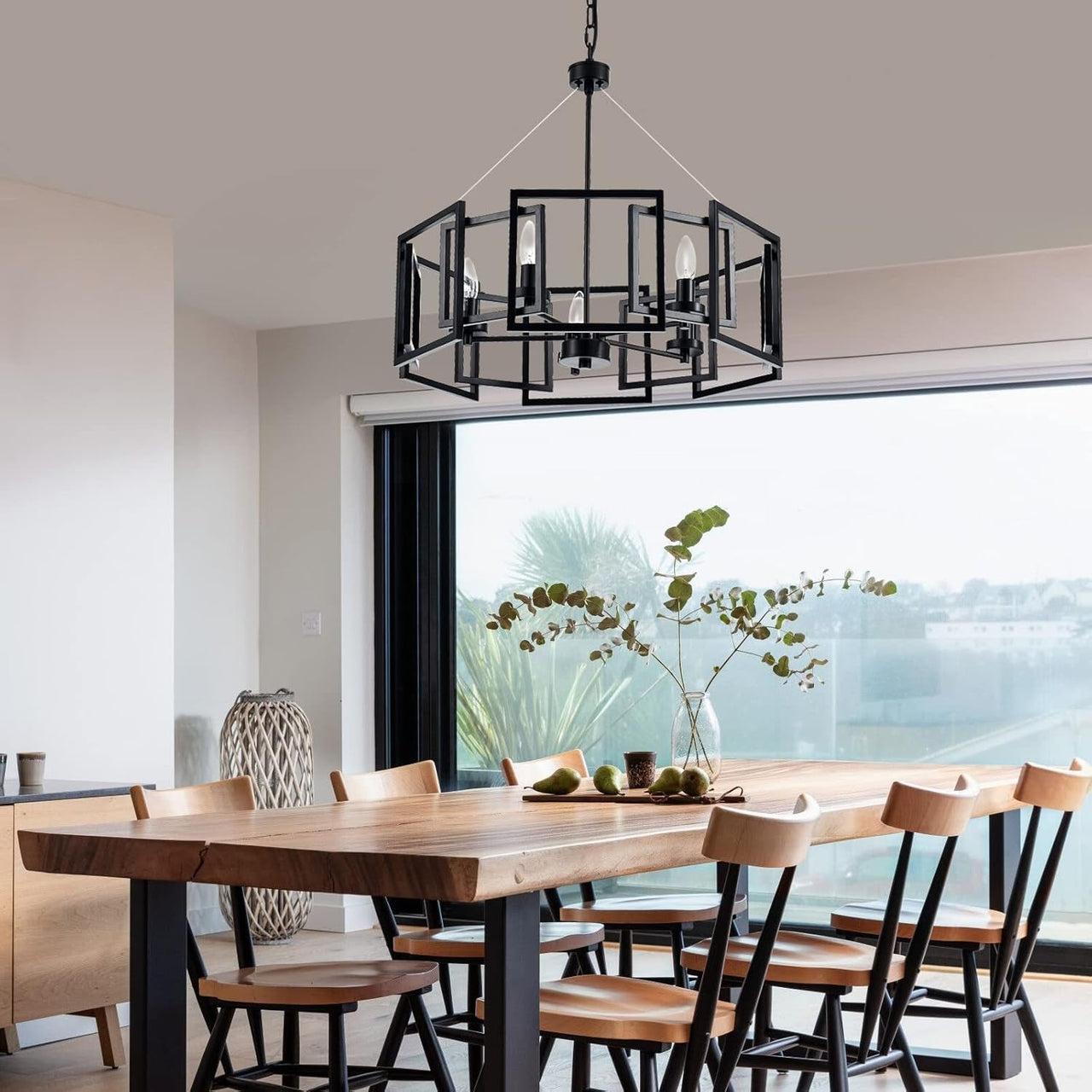 Geometric Industrial Style Chandelier With Matt Black Shade