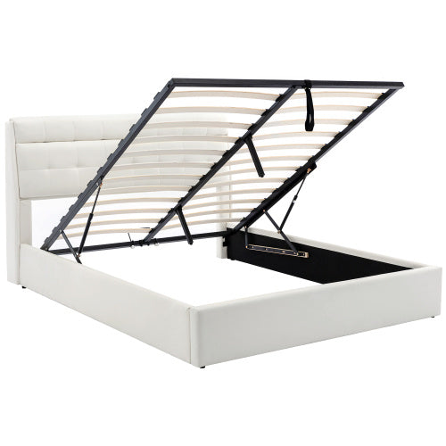 Fashion Upholstered King Hydraulic Bed with Concealed Headboard Storage, Bed Box With Slats And Headboard, Without Mattress