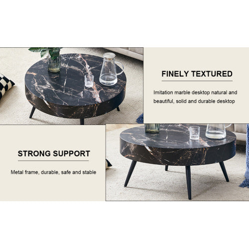 Black Marble-Patterned MDF Round Coffee Table With Black Metal Legs