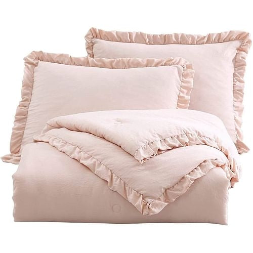 King Oversized Pink Ruffled Edge Microfiber Comforter Set