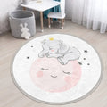 Baby Elephant With Moon Printed Kids Room Round Rug,