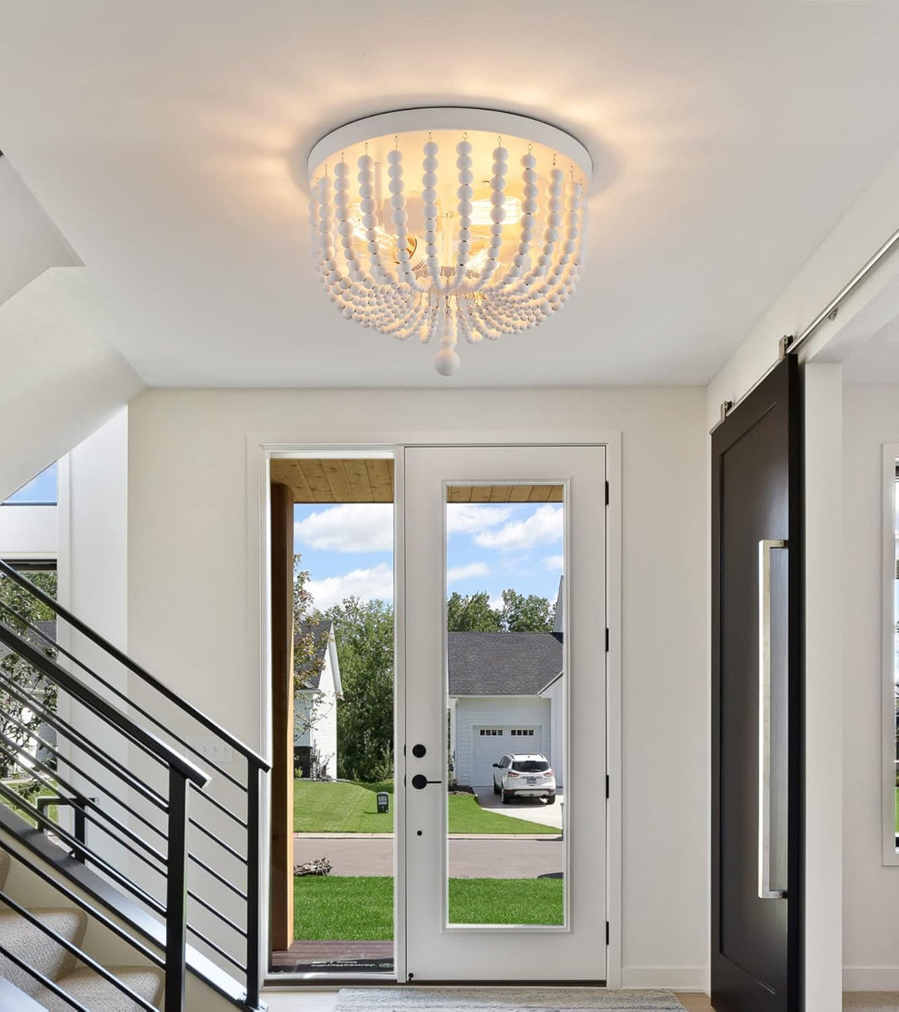 White Boho Beaded Flush Mount Ceiling Light