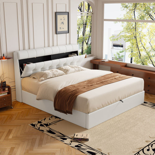 Fashion Upholstered King Hydraulic Bed with Concealed Headboard Storage, Bed Box With Slats And Headboard, Without Mattress